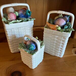 Vintage Fitz And Floyd Basket Weave Canisters With Veggie Tops - Set of Three